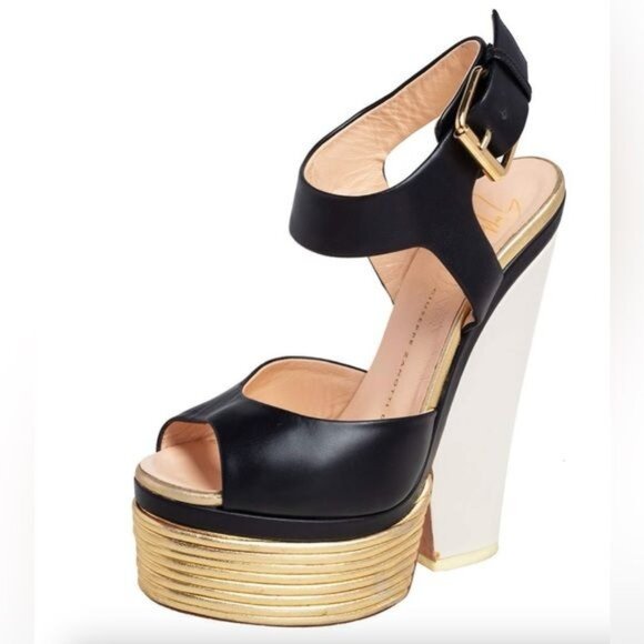 Giuseppe Zanotti Gold Black Leather Peep Toe Platform Sandals Pumps - Picture 1 of 11